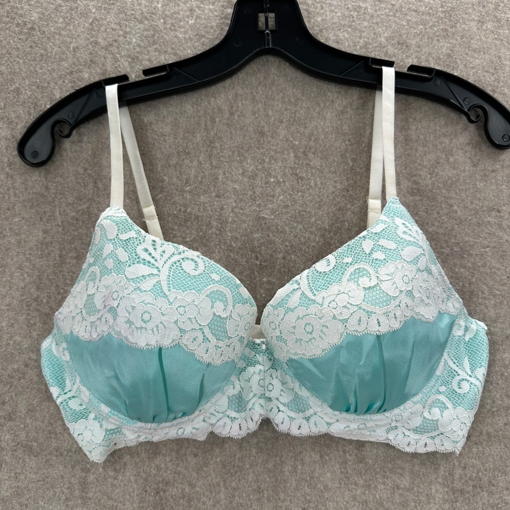 Fantasy Lingerie Bra LARGE Whimsical Aqua White Lace Pleat Underwire Lingerie
